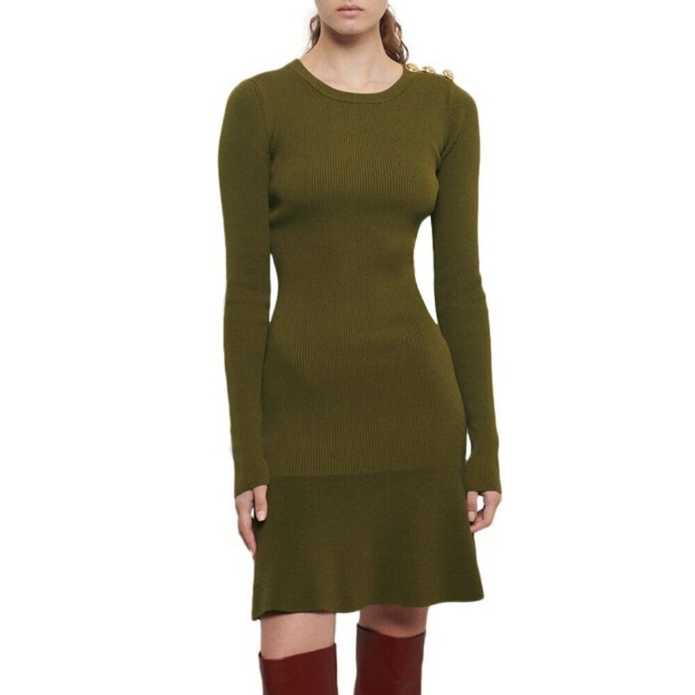 New Derek Lam Vanessa Ribbed Flounce Sweater Dress Olive Green L $495